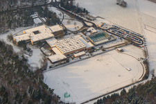 Aerial view of IGS Rheinzabern, Römerbergschule in winter with snow in Rheinzabern in the state Rhineland-Palatinate, Germany