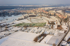 Garden plots in winter with snow in Jockgrim in the state Rhineland-Palatinate, Germany