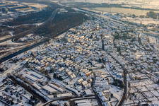 Aerial view of Luitpoldstraße in winter with snow in Wörth am Rhein in the state Rhineland-Palatinate, Germany