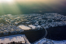 Aerial view of Dorschberg in winter with snow in Wörth am Rhein in the state Rhineland-Palatinate, Germany