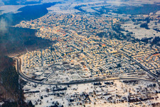 Aerial view of City view from the west in winter with snow in Jockgrim in the state Rhineland-Palatinate, Germany