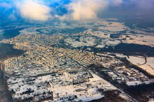 Aerial photograpy of City view from the west in winter with snow in Jockgrim in the state Rhineland-Palatinate, Germany