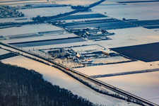 Aerial view of Adamshof in winter with snow in Kandel in the state Rhineland-Palatinate, Germany