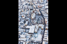 Christmas market at the Plätzl and around St. George's Church in Kandel in the state Rhineland-Palatinate, Germany from above