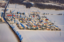 Aerial view of Roman road in winter with snow in the district Minderslachen in Kandel in the state Rhineland-Palatinate, Germany