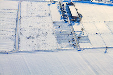Horse farm Stall Schmitt in winter with snow in Hatzenbühl in the state Rhineland-Palatinate, Germany