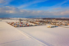 Aerial photograpy of New development area Brotäcker in winter with snow in Steinweiler in the state Rhineland-Palatinate, Germany