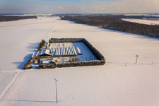 Aerial photograpy of Sudetenhof in winter with snow in Steinweiler in the state Rhineland-Palatinate, Germany