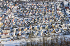 Aerial view of Elsässer Straße in snow in winter in Kandel in the state Rhineland-Palatinate, Germany