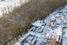 Aerial view of Elsässerstraße Fa. Frey Sondermaschinen in snow in winter in Kandel in the state Rhineland-Palatinate, Germany
