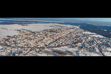 Aerial view of City view from the west in snow in winter in Kandel in the state Rhineland-Palatinate, Germany
