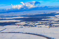 Aerial view of Horst industrial estate from the southeast in snow in winter in the district Minderslachen in Kandel in the state Rhineland-Palatinate, Germany