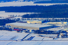 Aerial photograpy of Horst industrial estate from the southeast in snow in winter in the district Minderslachen in Kandel in the state Rhineland-Palatinate, Germany