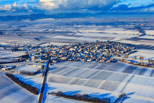 Village view from the southeast in snow in winter in Impflingen in the state Rhineland-Palatinate, Germany
