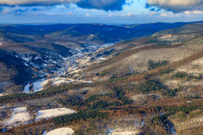 Village view in the Palatinate Forest from the southeast in snow in winter in Eußerthal in the state Rhineland-Palatinate, Germany