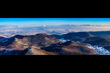 Panorama of the edge of the Palatinate Forest from the northeast in snow in winter in Waldrohrbach in the state Rhineland-Palatinate, Germany