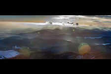 Panorama of the mountains of the Palatinate Forest from the northeast in snow in winter in Bad Bergzabern in the state Rhineland-Palatinate, Germany