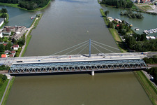 Aerial view of River - bridge construction across the Rhine in the district Knielingen in Karlsruhe in the state Baden-Wurttemberg, Germany