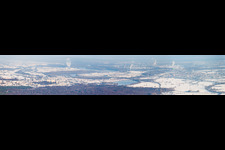 Panorama of the wintery snow-covered city from the southwest in the district Maximiliansau in Wörth am Rhein in the state Rhineland-Palatinate, Germany