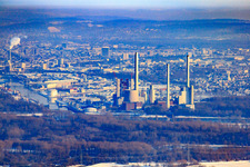 ENBW power plant at the Rhine harbor in snow in winter in the district Daxlanden in Karlsruhe in the state Baden-Wuerttemberg, Germany
