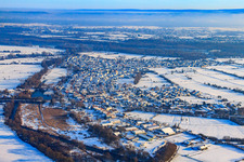 Aerial view of Village view in snow in winter from the west in Neuburg am Rhein in the state Rhineland-Palatinate, Germany