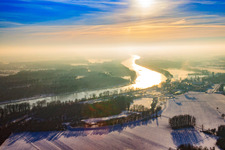 Course of the Rhine to the south in snow in winter in Lauterbourg in the state Bas-Rhin, France