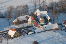 In winter when there is snow in Neewiller-près-Lauterbourg in the state Bas-Rhin, France viewn from the air