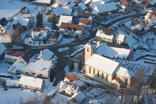 Aerial view of In winter when there is snow in Neewiller-près-Lauterbourg in the state Bas-Rhin, France
