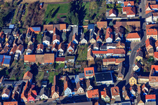 Aerial photograpy of Main Street in Lingenfeld in the state Rhineland-Palatinate, Germany
