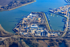 Harbor Germersheim with Dyckerhoff Beton GmbH & Co. KG and marina of the Motorboat Sports Club Germersheim eV in Germersheim in the state Rhineland-Palatinate, Germany