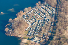 Aerial view of Camping with caravans and tents in Lingenfeld in the state Rhineland-Palatinate, Germany