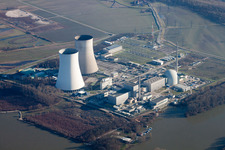 Nuclear power plant in Philippsburg in the state Baden-Wuerttemberg, Germany from the plane