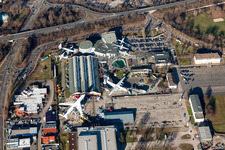 Oblique view of Outdoor exhibition of airplanes and ships in the Technical Museum Speyer in Speyer in the state Rhineland-Palatinate, Germany