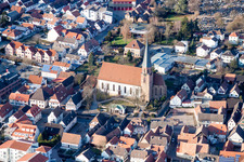 Aerial view of Church building in Kath. Kirche St. Maria Himmelfahrt Herxheim Old Town- center of downtown in Herxheim bei Landau (Pfalz) in the state Rhineland-Palatinate, Germany