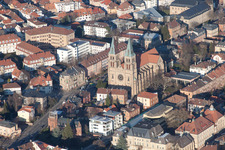 Aerial photograpy of City center with Catholic Church of the Assumption of Mary - St. Mary's Church in Landau in der Pfalz in the state Rhineland-Palatinate, Germany