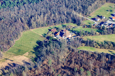 Aerial view of Bienwaldmühle in Scheibenhardt in the state Rhineland-Palatinate, Germany