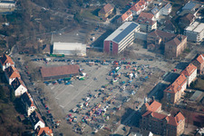 Aerial view of Market square, setup of the carnival parade in Landau in der Pfalz in the state Rhineland-Palatinate, Germany