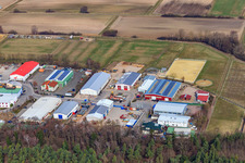 Aerial view of Am Gäxwald industrial park with transparent packaging Weber GmbH, REGAB GmbH civil engineering and Feinwerk precision and measuring technology GmbH & Co. KG in Herxheim bei Landau in the state Rhineland-Palatinate, Germany