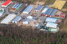 Aerial photograpy of Am Gäxwald industrial park with transparent packaging Weber GmbH, REGAB GmbH civil engineering and Feinwerk precision and measuring technology GmbH & Co. KG in Herxheim bei Landau in the state Rhineland-Palatinate, Germany