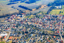 Railway curve through the village in the district Sondernheim in Germersheim in the state Rhineland-Palatinate, Germany