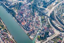 Aerial photograpy of Mouth of the Elsenz into the Neckar in Neckargemünd in the state Baden-Wuerttemberg, Germany