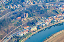 Aerial view of Middle castle and front castle from 1165 above the Neckar riverbank in Neckarsteinach in the state Hesse, Germany