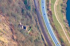 Aerial view of Schwalbennest Castle Ruins on the steep slope of the Neckar River in Neckarsteinach in the state Hesse, Germany
