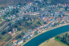 Aerial photograpy of Middle castle and front castle from 1165 above the Neckar riverbank in Neckarsteinach in the state Hesse, Germany