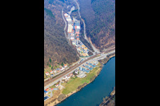 Aerial view of Gammersbache Street with Scherer Rp GmbH, Catalent Germany Eberbach GmbH and Gelita AG, plant in Eberbach in the state Baden-Wuerttemberg, Germany