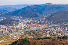 Aerial view of City view on the Neckar river bank from the southwest in Eberbach in the state Baden-Wuerttemberg, Germany