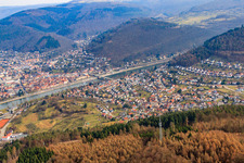 City view on the Neckar river bank from the southwest in the district Neckarwimmersbach in Eberbach in the state Baden-Wuerttemberg, Germany