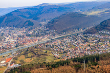 Aerial view of City view on the Neckar river bank from the southwest in the district Neckarwimmersbach in Eberbach in the state Baden-Wuerttemberg, Germany