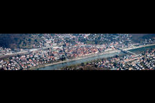 Panoramic perspective of Village on the banks of the area Neckar - river course in Eberbach in the state Baden-Wurttemberg