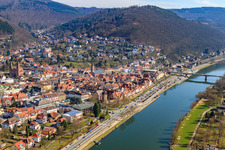 Old town on the banks of the Neckar from the west in Eberbach in the state Baden-Wuerttemberg, Germany